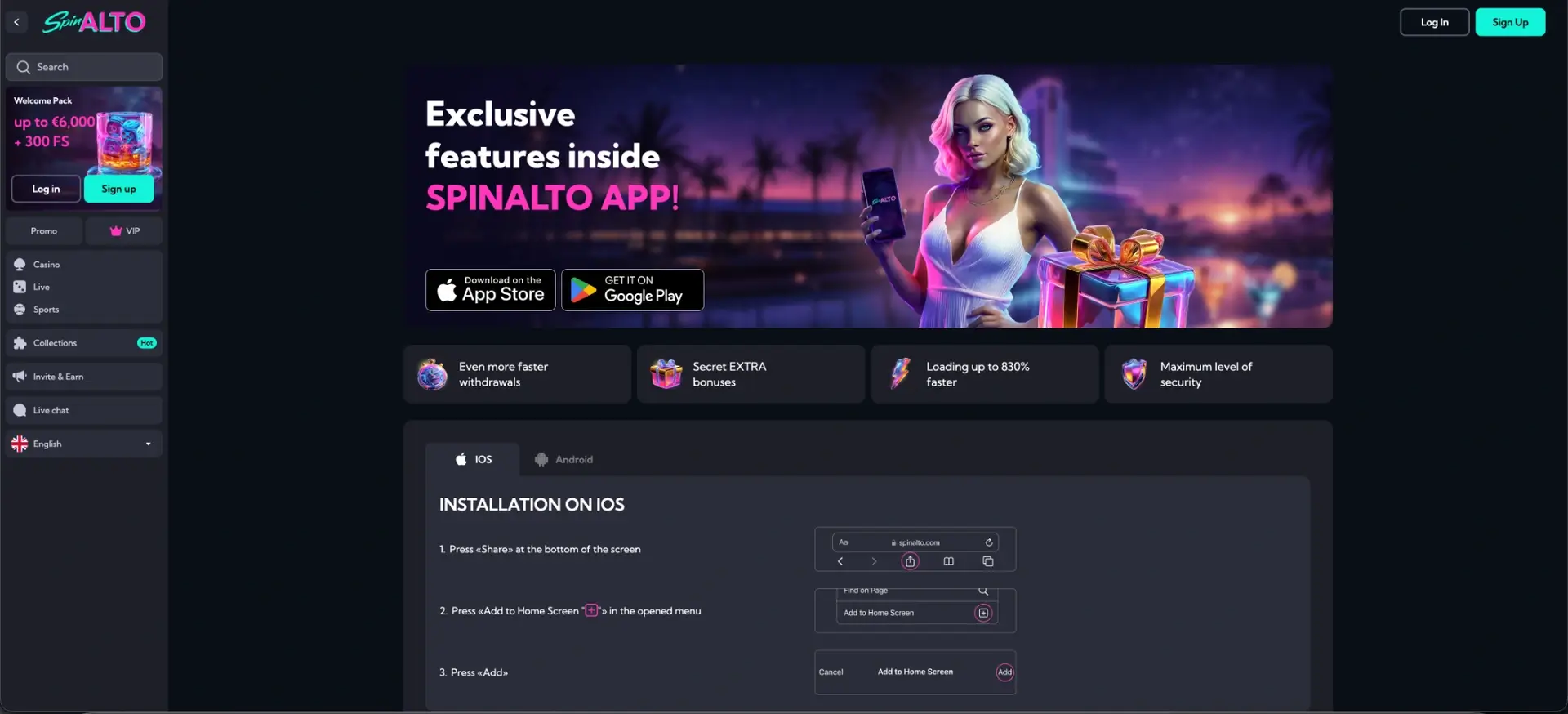 Spinalto mobile app page