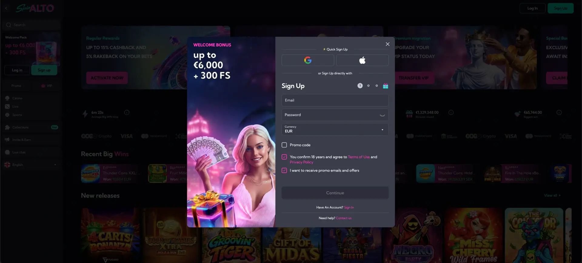 Registratieformulier van Spinalto casino