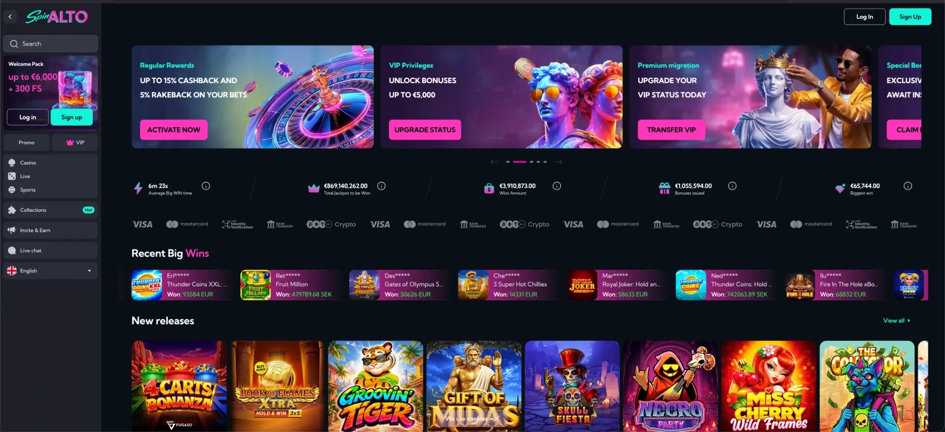 Homepage van Spinalto casino