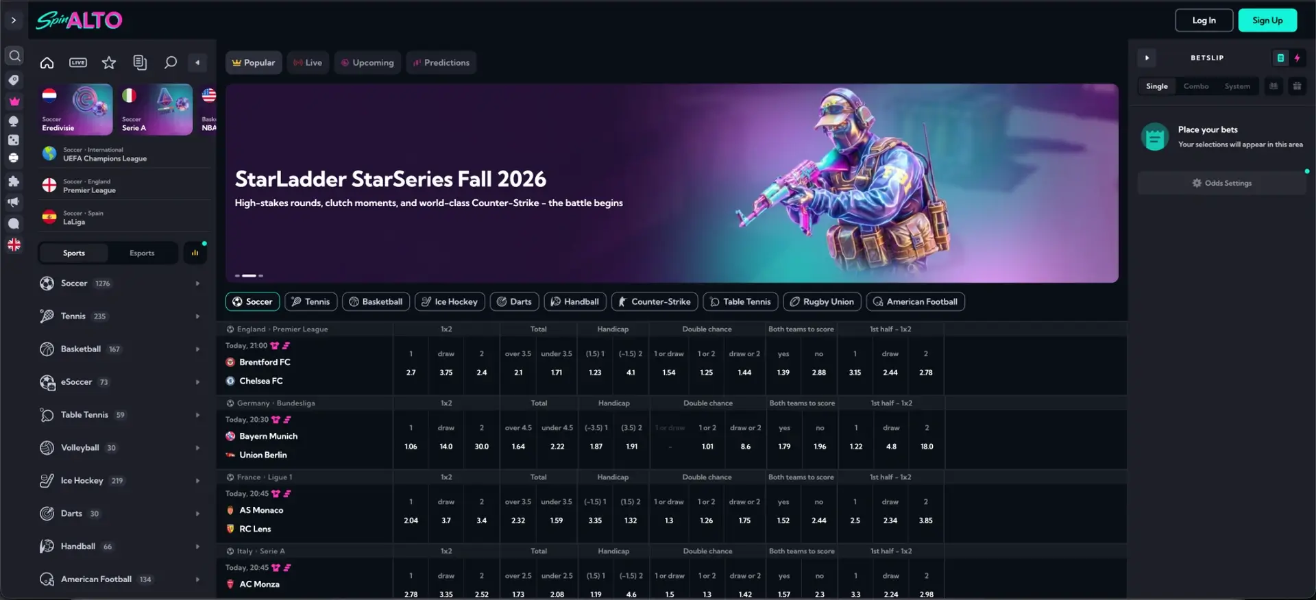 Homepage van de Spinalto sportsbook
